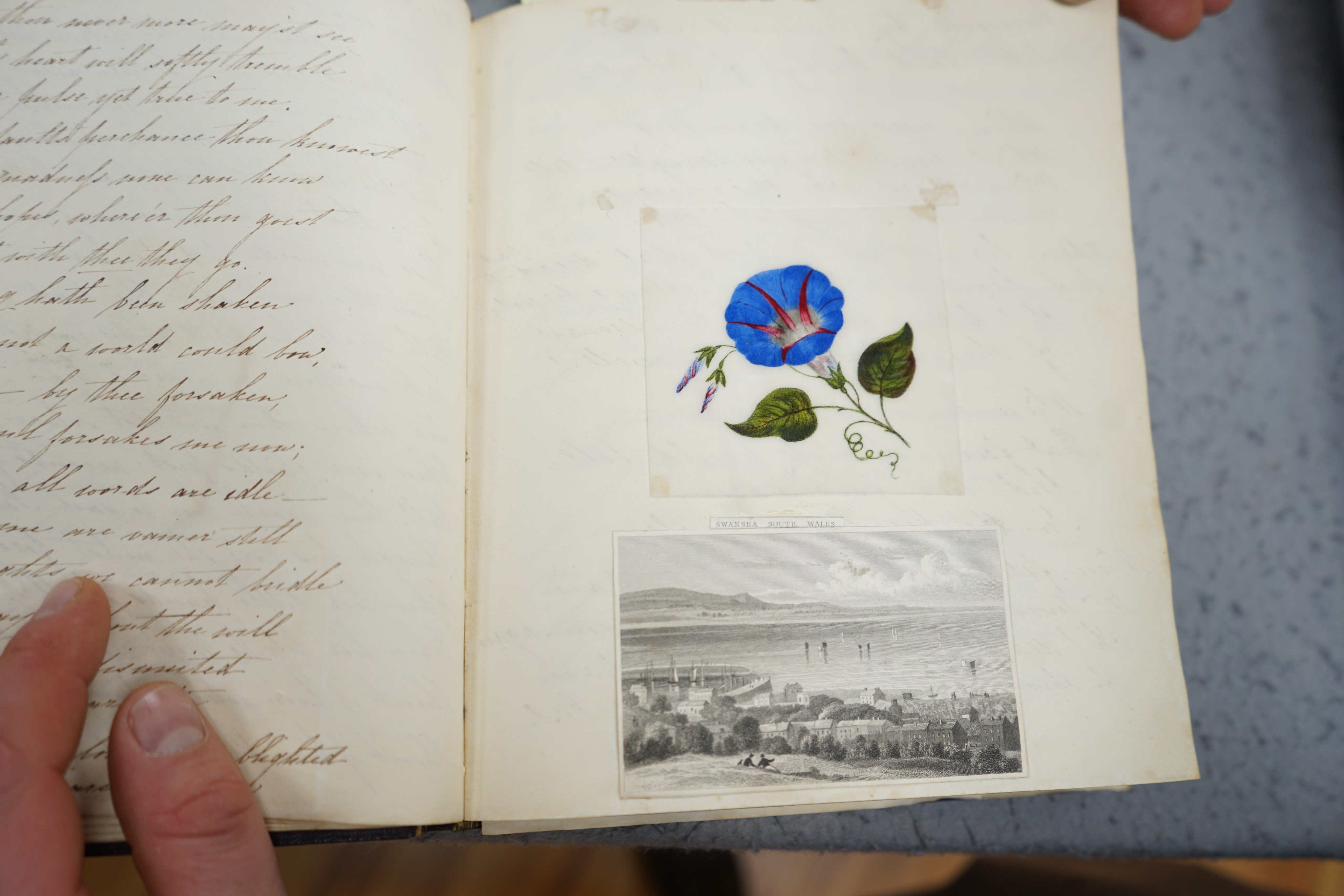 An early 19th century hand written journal, sketch book with scraps, coloured engravings, etc.